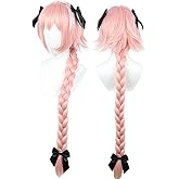 Linfairy Long pink Cosplay Wig with 3 Bowknot Halloween Costume Wig for Women Braid Hair 95CM