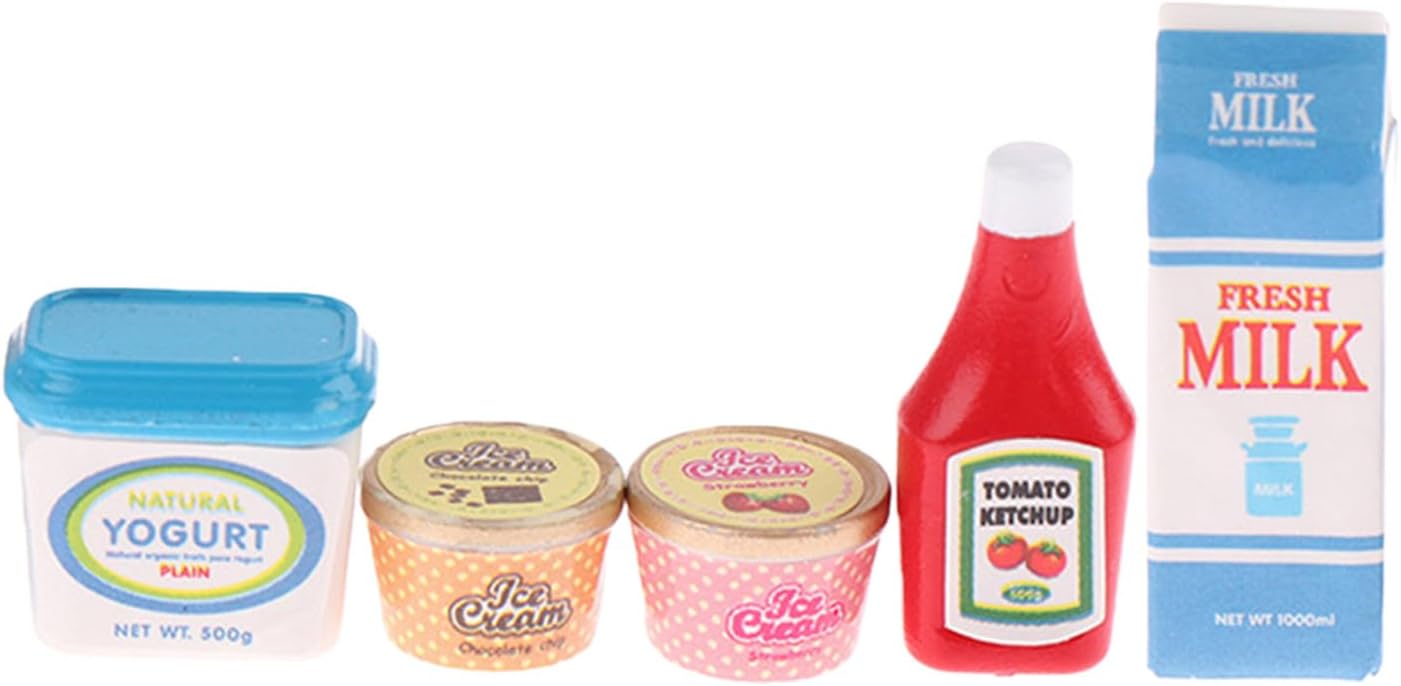 5Pcs Safe Resin Miniature Play Food Ketchup Ice Cream Yogurt Figurine for Imaginative Play Doll House Accessories Collectible Miniatures
