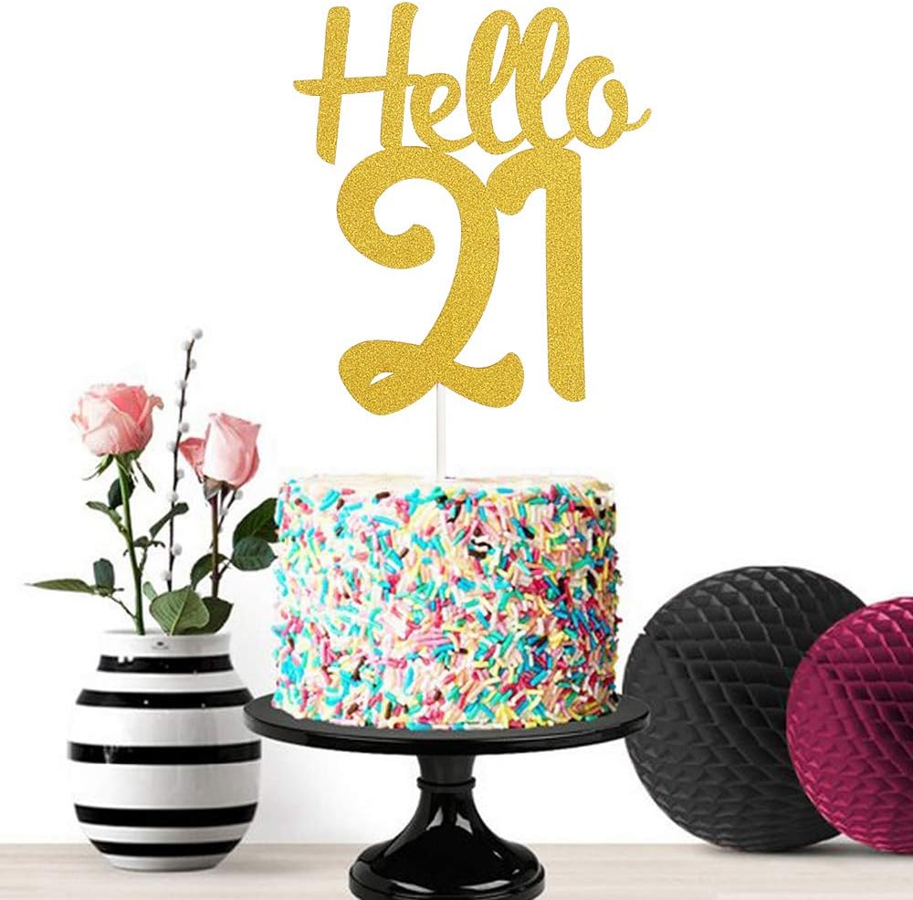 Ewivi Gold Glitter Hello 21 cake topper, 21th birthday/wedding anniversary party decoration items