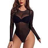 GAMISS Long Sleeve mesh Bodysuit for Women Crew Neck Mesh Bodysuit Sexy Sheer Tops with Snap Crotch Shirt S-XXL