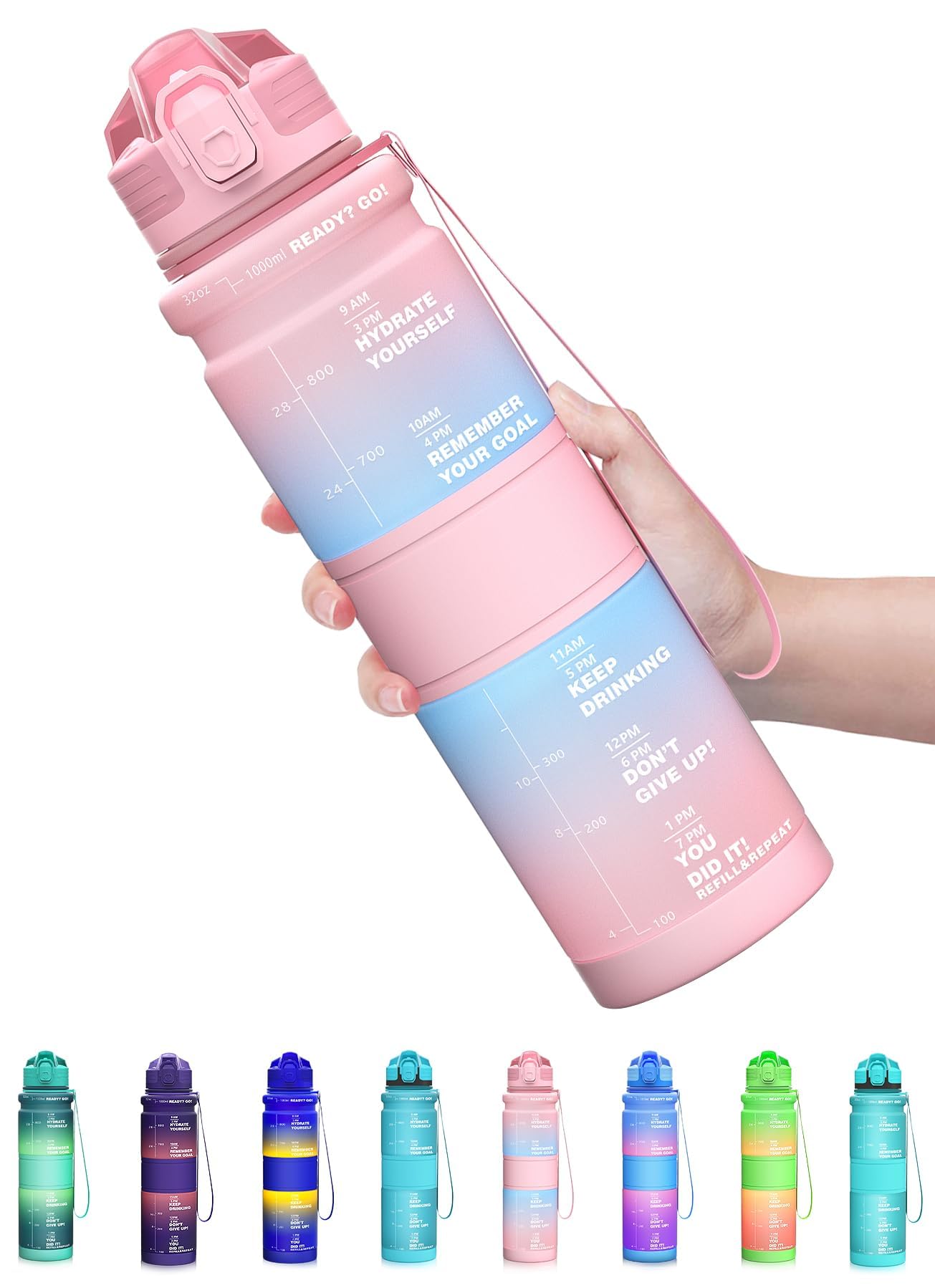 Coolfel 500ml/1l Water Bottles, Motivational Water Bottle with Time Markings, BPA Free Leakproof Sports Drinks Bottle Time Marked Daily for Gym Running Fitness