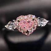 925 Sterling Silver Heart-Shaped Perfect Cut 2ct Pink Gemstone Ring Three-Stone Shiny Heart Rings CZ Cubic Zirconia Promise Love Halo Engagement Wedding Band Eternity Ring for Women (US Code 6)