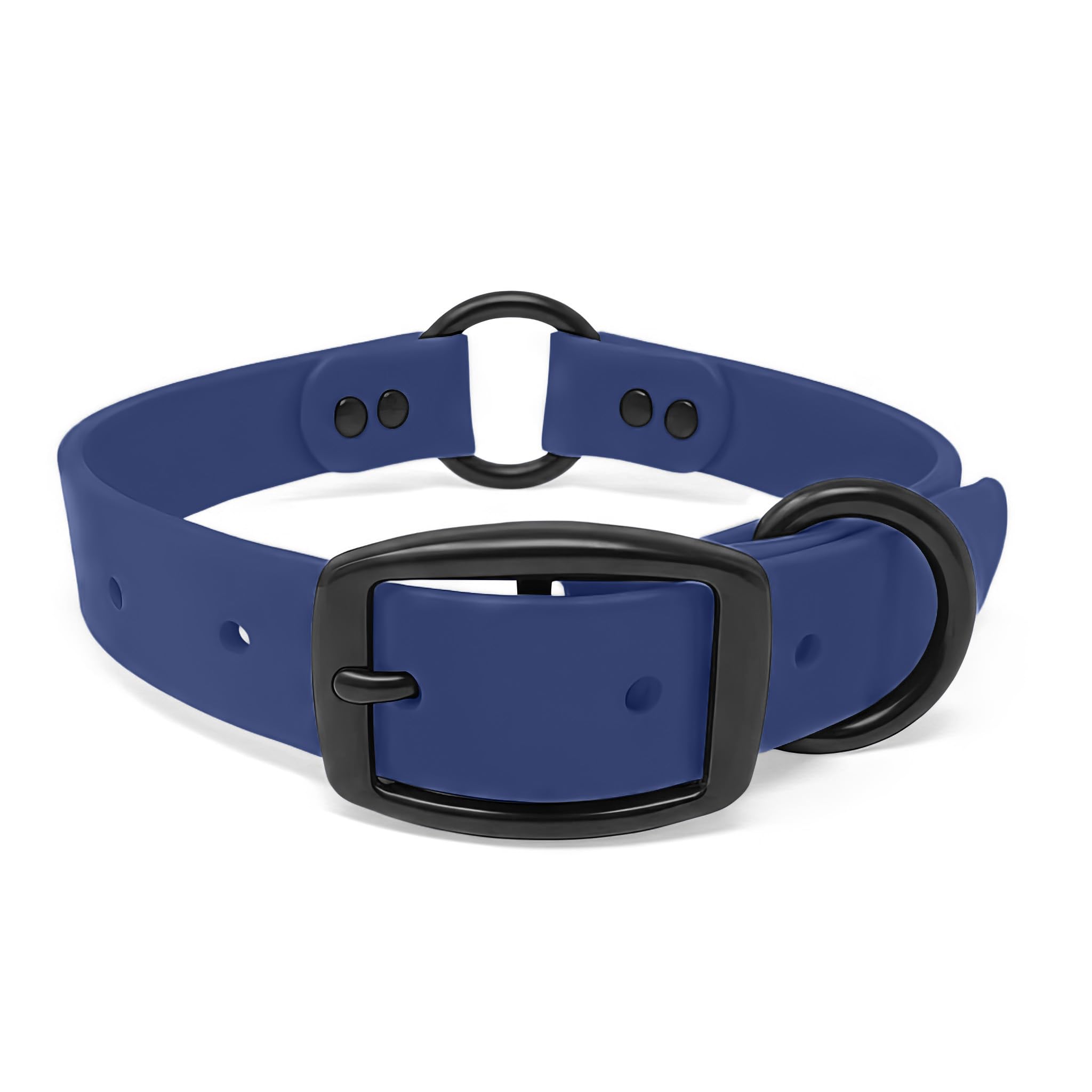 Large Blue Waterproof Hunting Dog Collar with Heavy Duty Black Hardware Center Ring, Double Buckle and D Ring | Custom Fit Vinyl-Coated Webbing | for Small, Medium and Large Dogs