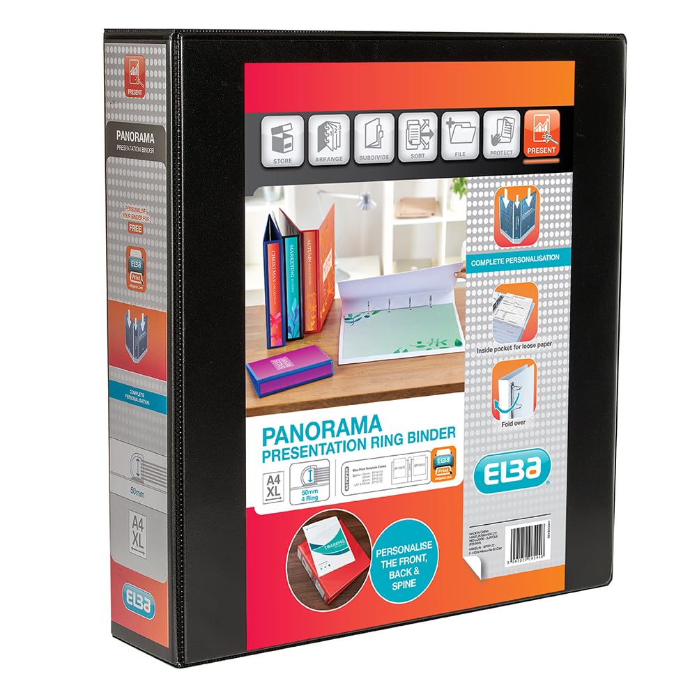 Elba A4 4-D Ring Binder, 50mm capacity, 70mm spine, Presentation Folder with Customisable Cover, Portrait, Black (Single)