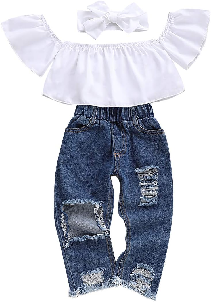 Toddler Baby Girls Ruffle Off Shoulder Sunflower Top + Ripped Hole Denim Leggings Long Jeans Pant Headband Clothes Set