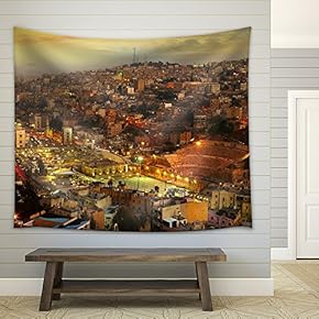 Night Lights of Amman - Capital of Jordan - Fabric Wall Tapestry Home Decor - 51x60 inches