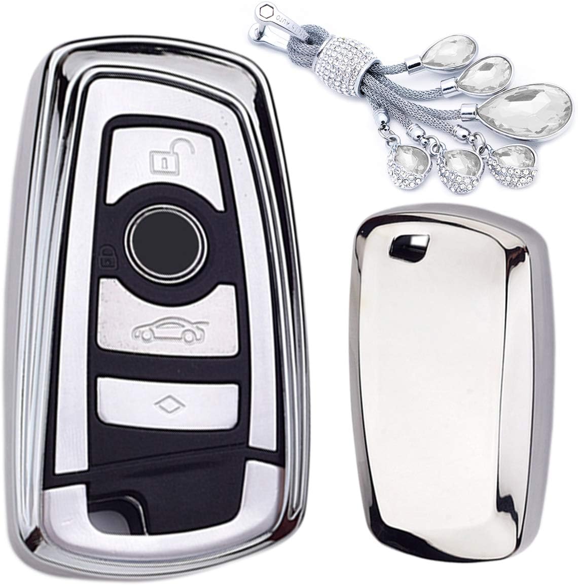 MODIPIM Keyless Entry Remote Cases Key Fob Cover With Keychain(Diamond Tassel) Soft TPU Holder Shell For BMW M4 M5 M3 X3 M6 1/2/3/4/5/6/7 Series 3/4 button Color Silver