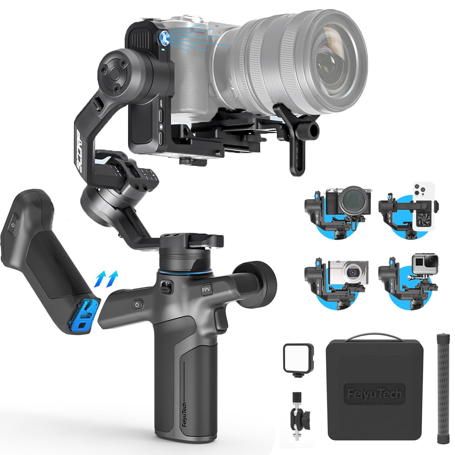 Photo 1 of FeiyuTech SCORP Mini 3 Pro [Kit] AI Tracking Camera Stabilizer with Bag+Fill Light+Extension Pole, Detachable Remote Handle, 4.4lbs Payload All in One Gimbal Stabilizer for Camera & Smartphone