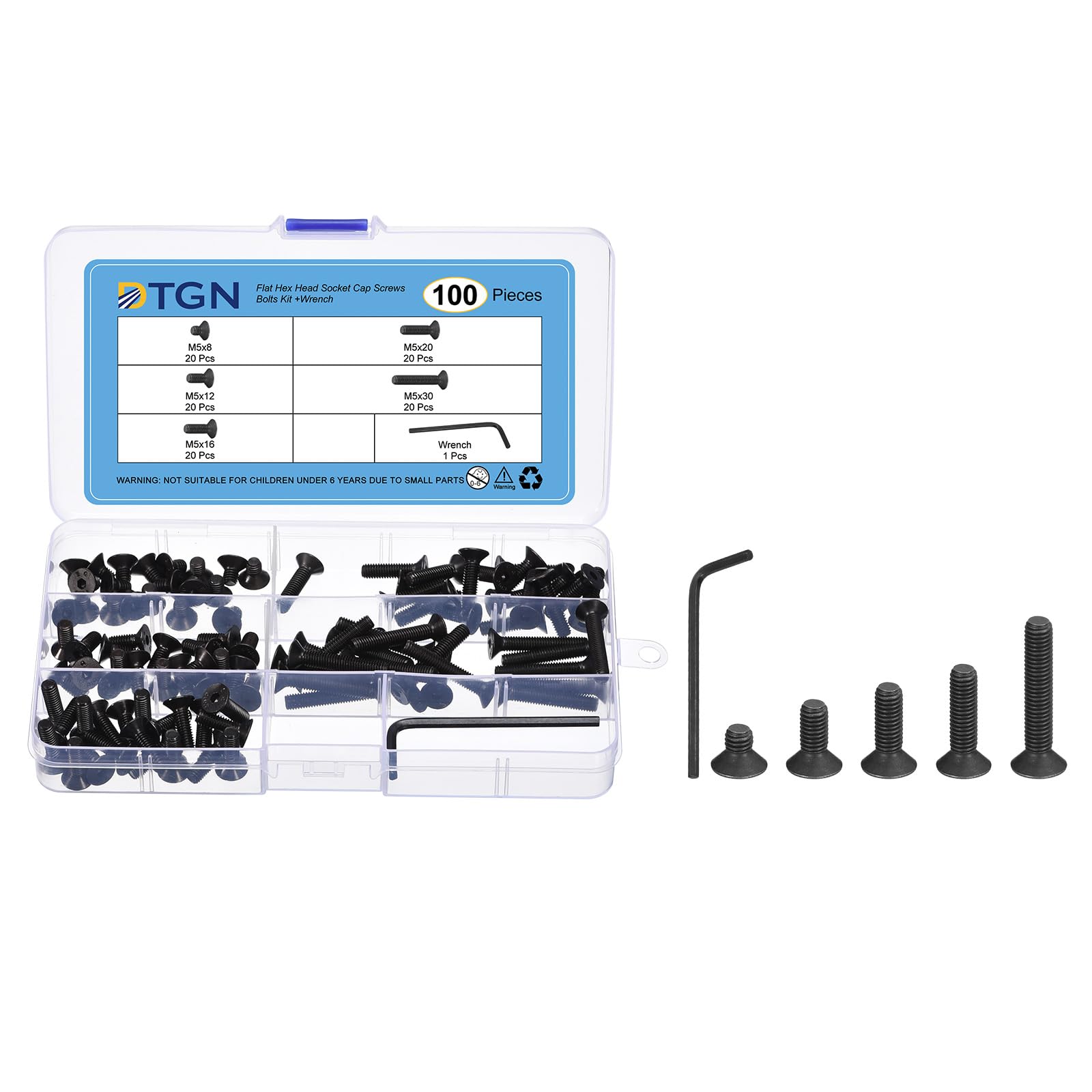 DTGN 100Pcs M5 x 8mm /12mm /16mm /20mm /30mm Flat Head Hex Socket Cap Screws Bolts Kit with Wrench, Carbon Steel Black Oxide, Full Thread, Countersunk Bolts