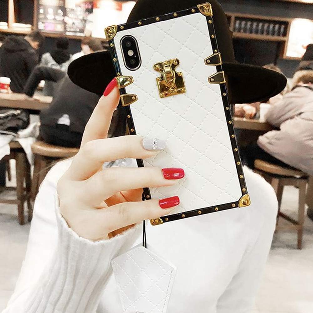 Compatible for iPhone 7 Plus /8 Plus Case,BabeMall Elegant Diamond Luxury Plating Corner Square PU Leather Classic TPU Bumper Case + Lanyard (Small Cube/White, for iPhone 7 Plus/iPhone 8 Plus)
