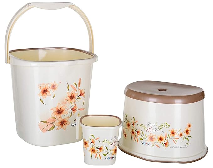 Nayasa Plastic Square Deluxe Bathroom Set of 3 (25 Liters, OffWhite, 3