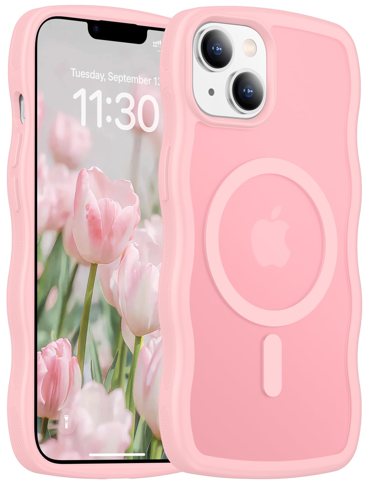 Renmou Magnetic for iPhone 13 Case & iPhone 14 Case, Compatible with MagSafe Cute Wave Non-Slip Translucent Matte Easier Grip Shockproof Phone Case for iPhone 13 and iPhone 14, Pink