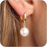 Pearl Earrings for Women, Trendy 14k Gold Plated Drop Hoop Pearl Earrings Dainty Freshwater Leaf Bow Pearl Dangle Earring Elegant Hypoallergenic Bridesmaid Gold Pearl Earrings Wedding Jewelry for Women