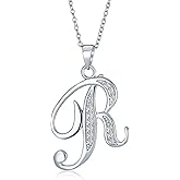 Bling Jewelry ABC Cubic Zirconia Pave CZ Cursive Script Letter Alphabet Initial Pendant Necklace For Teen Women .925 Sterling Silver