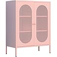 LYMOUYEE 2 Mesh Door Metal Accent Storage Cabinet for Bedroom, Living Room,Bedside, Office Room,Kitchen-Metal Cabinet with 2 Adjustable Shelves-3-Tier (Pink)