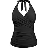 Hilor Women's Underwire Tankini Tops Ruched Tummy Control Bathing Suit Tops Plunge Halter V Neck Swimsuit Twist Swim Top Only