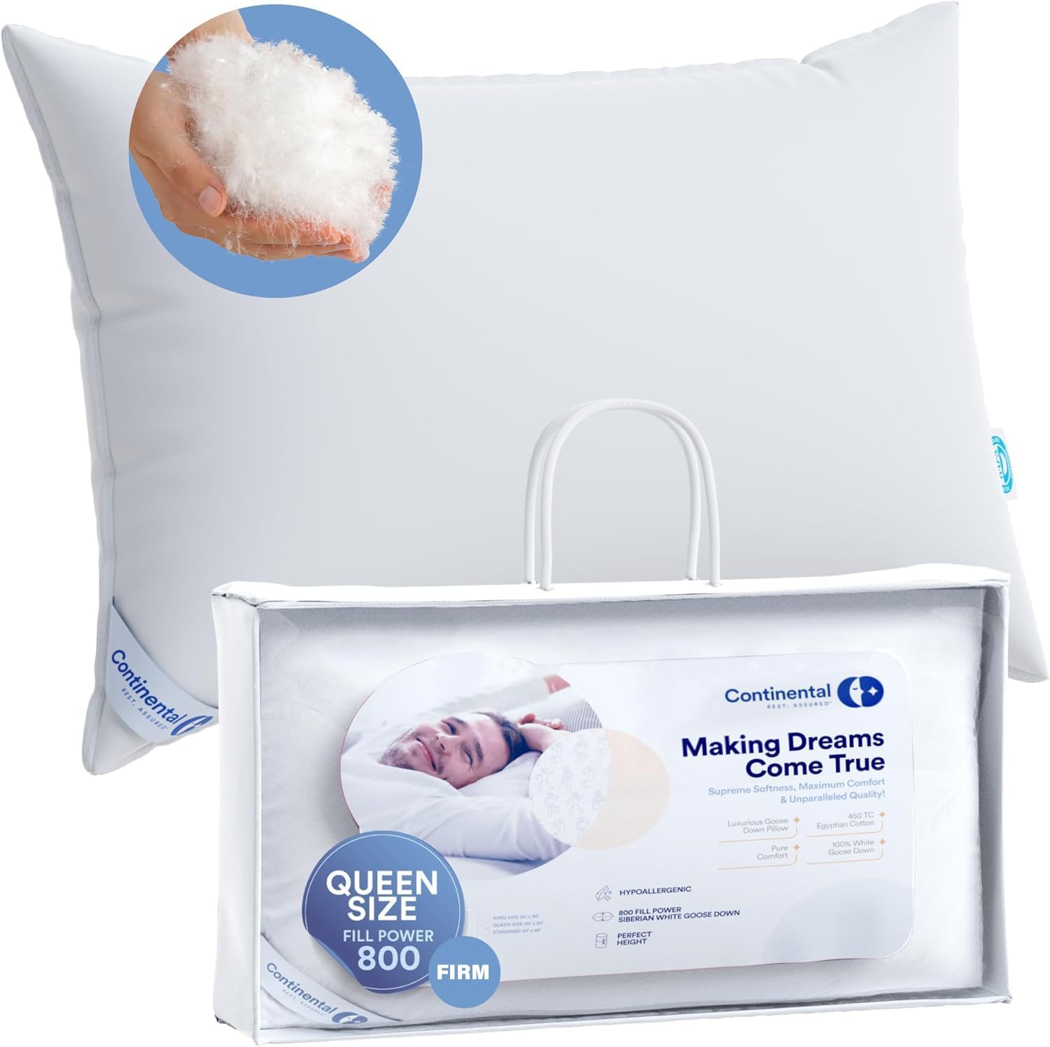 Continental Bedding 100 Luxury Down Pillow Siberian 800 FP Firm