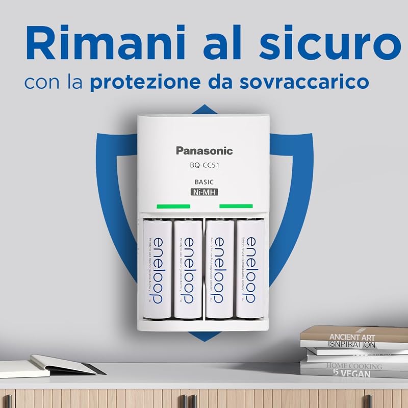caricabatterie Basic per 2 o 4 batterie AA/AAA Ni-MH, Nuove funzioni di sicurezza comprese 4 batterie eneloop AAA/Micro con capacità aggiornata, con 6 funzioni di sicurezza