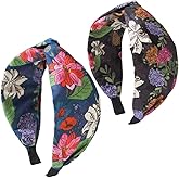 TURTLEDOVE 2 PCS Floral Boho Knotted Headbands, Wide Fabric Hair Band with Multi-Color Flowers, Black and Navy Blue