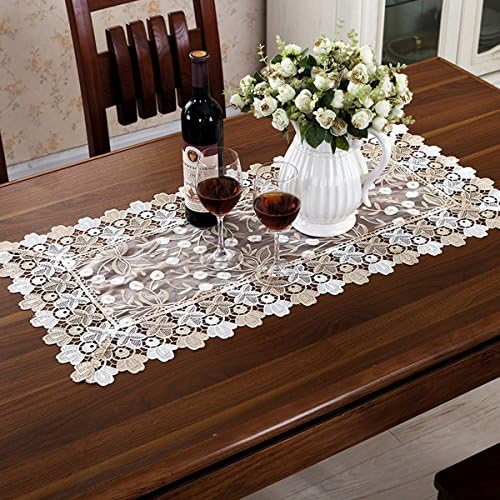 Sfude Home - 16 x 35 inch Rectangular Table Runner Transparent Lace Edge Hollow Out Grace Table Cover for Table Decor