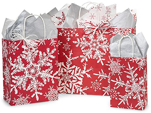 Scandinavian Christmas Gift Bag Bulk Assortment, Set of 75, Red Snowflakes