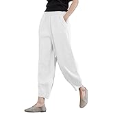 IXIMO Women's 100% Linen Pants Relax Fit Lantern Cropped TaperedPants Trousers with Elastic Waist