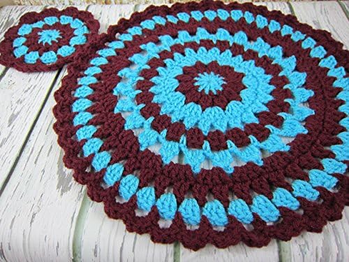 Crochet Round Placemats, Blue and BrownCrochet Coasters, table linen