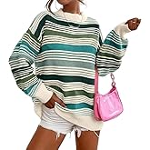 Womens Contrast Striped Pullover Sweaters Crewneck Long Sleeve Loose Colorblock Knit Jumper Casual Oversized Fall Tops