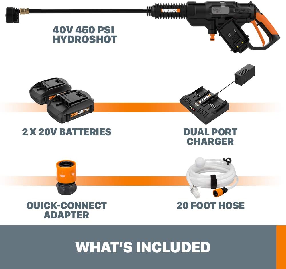 WORX WG644 40V Power Share Hydroshot Portable Power Cleaner (2x20V Batteries), Black and Orange : Garden & Outdoor