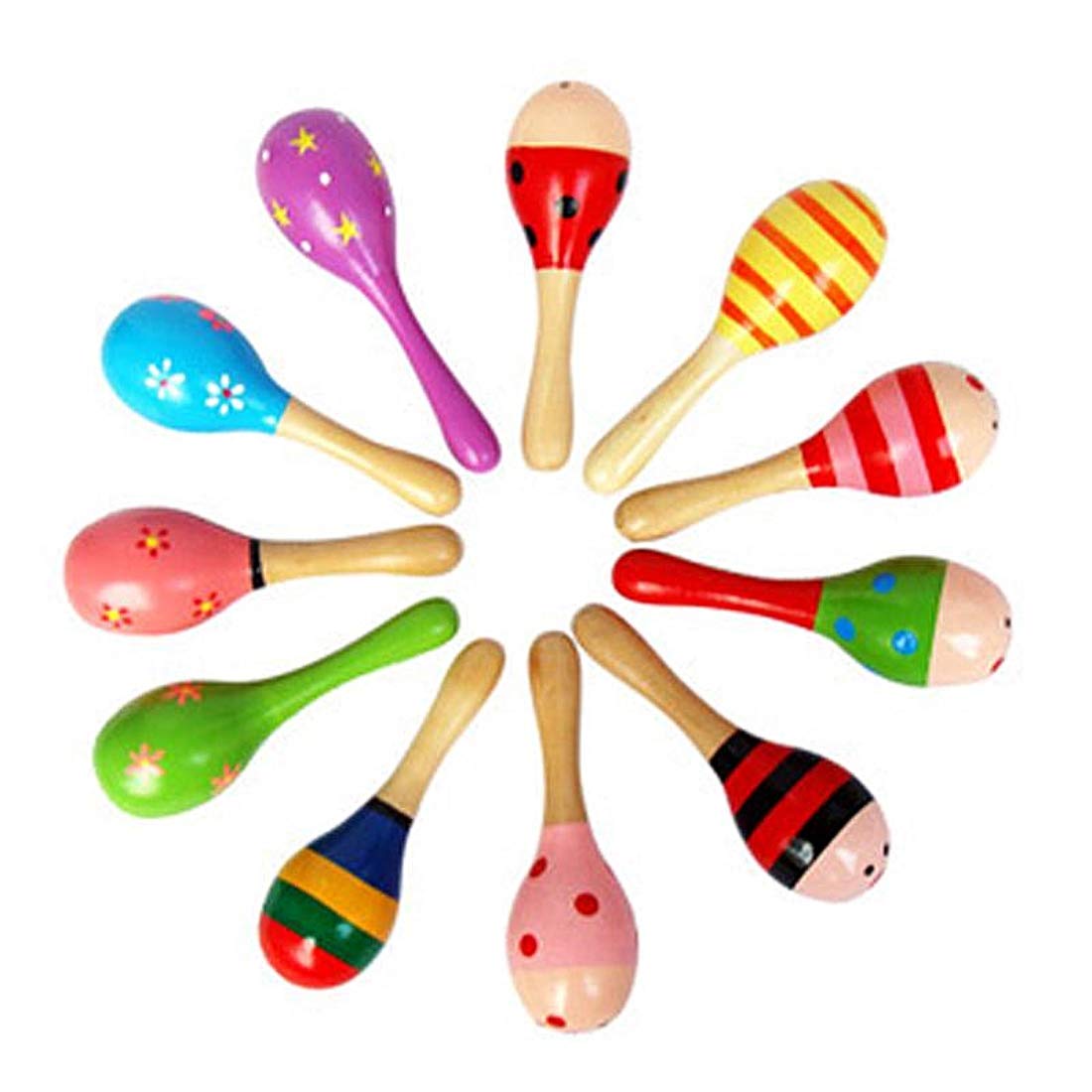 JBBERTH Mini Wooden Ball Maracas 10 pcs, Wooden Maracas Kids Handmade Wooden Rattles, Baby Music Rattles Shaker, Random Color Pattern