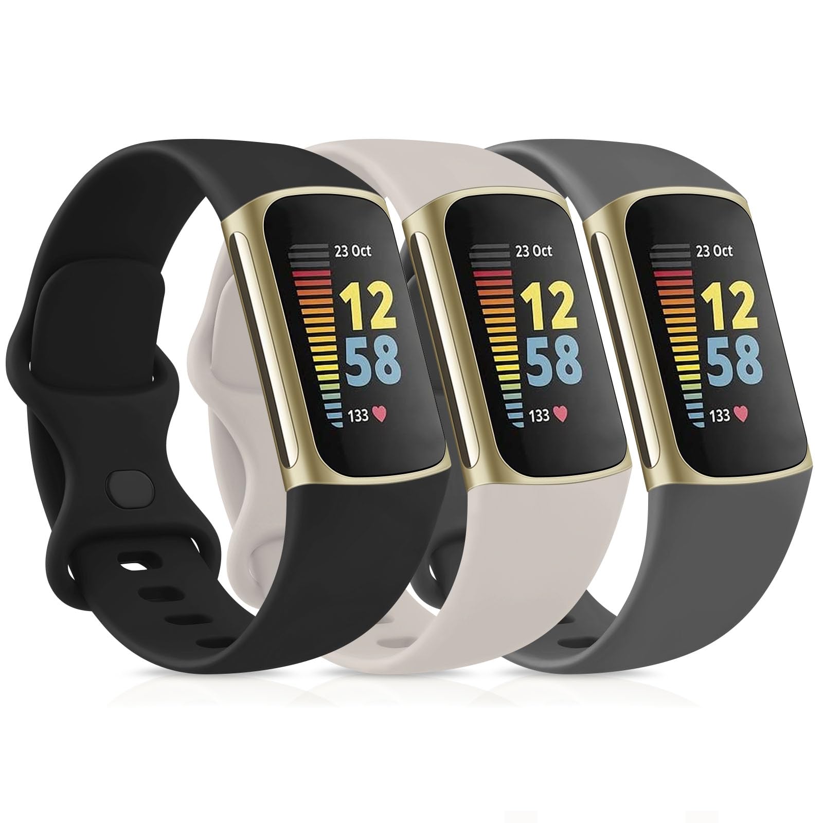 AK Pack 3 Straps Compatible with Fitbit Charge 5 Strap for Women Men, Soft Adjustable Sport Replacement Wristband Only for Fitbit Charge 5 Straps (S: for 5.7"-7.3" Wrists, Starlight/Black/Gray) — image 1