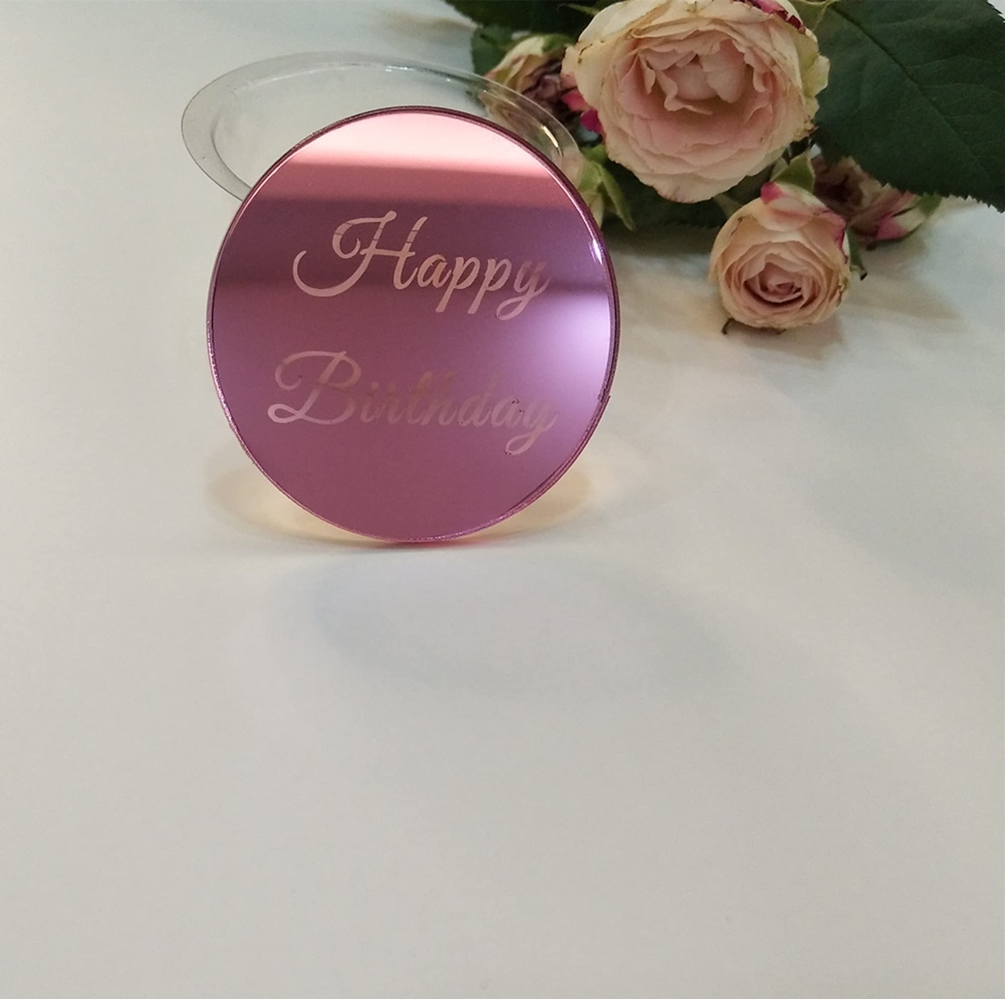 12pcs Mirrored Happy Birthday Cake Disc Cupcake Toppers, Acrylic Cake Charm, Engraved Topper,Mini Acrylic Cake Toppers (Rose Red Mirror)