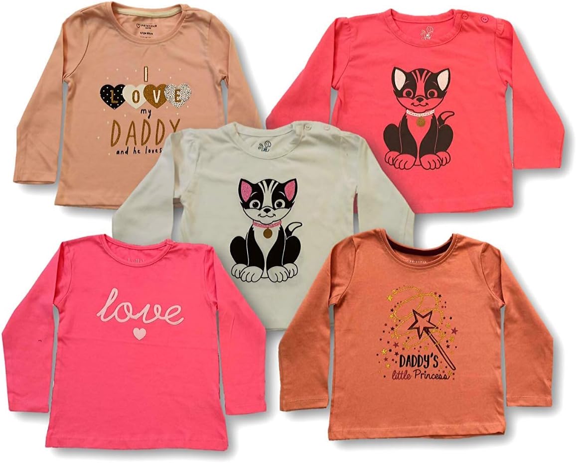 TuddyBuddy Full Sleeves T-Shirts for Baby Girls - 100% Cotton Jersey (Pack of 5 - Full Sleeves - Multicolor Prints)