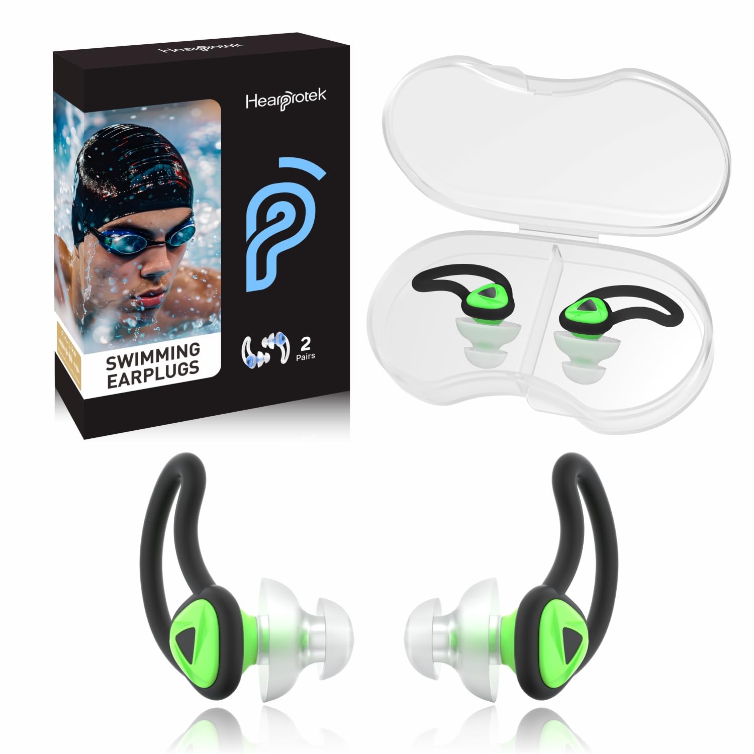 Hearprotek Swimming Ear Plugs Adults, 2 Pairs Reusable Silicone Waterproof Ear Plugs for Swim Protection,Swimmers, Shower, Bath, Pool Green