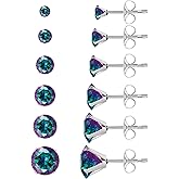 Stainless Steel Stud Earrings Round Fancy Colored Cubic Zirconia Ear Studs for Women and Men Sensitive Ears Nickel Free CZ Stud Earrings Set Hypoallergenic Cubic Zirconia Earrings, 6 Pairs