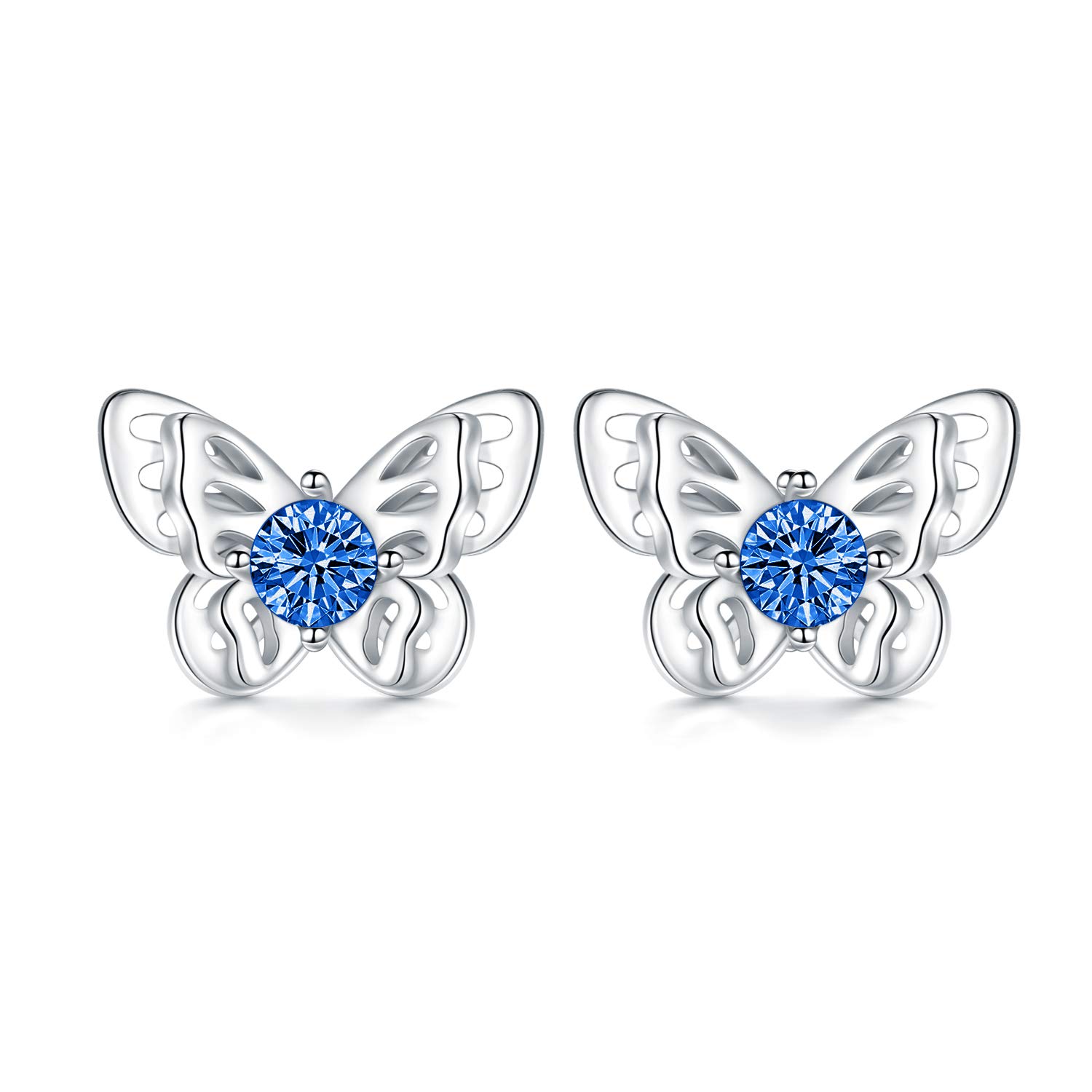 925 Sterling Silver Butterfly Stud Earrings with Birthstone Crystals, Butterfly Jewellery Birthday Gifts for Women Girls Kids Daughter (Simulated Sapphire)