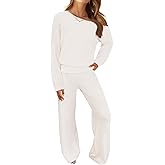 MEROKEETY Women's Fall Pajama Set Fuzzy Fleece 2 Piece Loungewear Off Shoulder Sweater Tops Wide Leg Pants Matching Outfits
