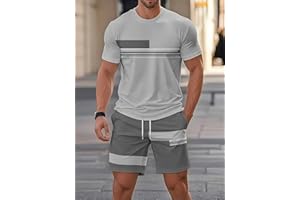 Men Color Block Striped Short Sleeve T Shirt And Shorts Set Casual Athletic 2 Piece Outfit Drawstring Waist