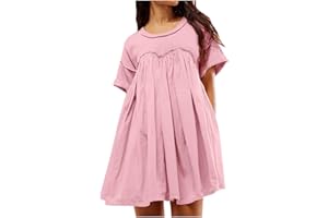 Summer Pleated Mini Dress for Women Cute Babydoll Dresses Crew Neck Short Sleeve Loose Flowy Tunic Sundress
