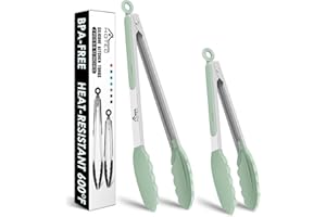 Hotec Premium Stainless Steel Locking Kitchen Tongs with Silicon Tips, Set of 2-9" and 12" Light Green