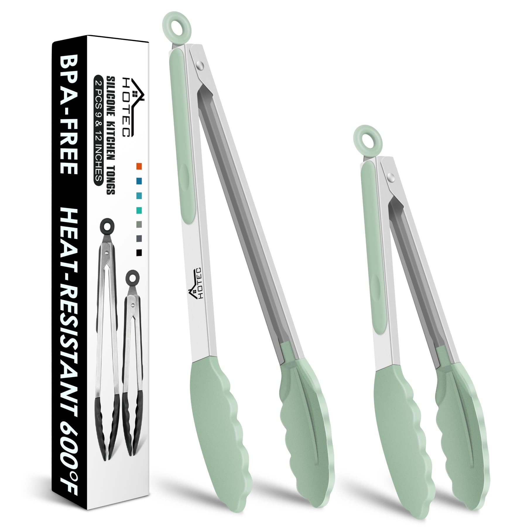 Hotec Premium Stainless Steel Locking Kitchen Tongs with Silicon Tips, Set of 2-9" and 12" Light Green