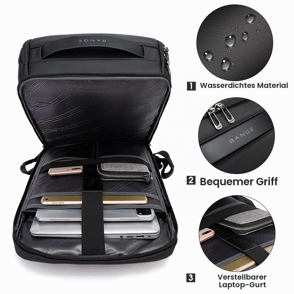BANGE Business-Smart-Rucksack, wasserdicht, 39,6 cm (15,6 Zoll), Laptop-Rucksack mit USB-Ladeanschluss, langlebiger Reise-Rucksack schwarz,M 3