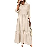 SEMATOMALA Women's Button Up Polo Collar Shirt Dress 3/4 Sleeve Ruffle Tiered Flowy Maxi Long Dress