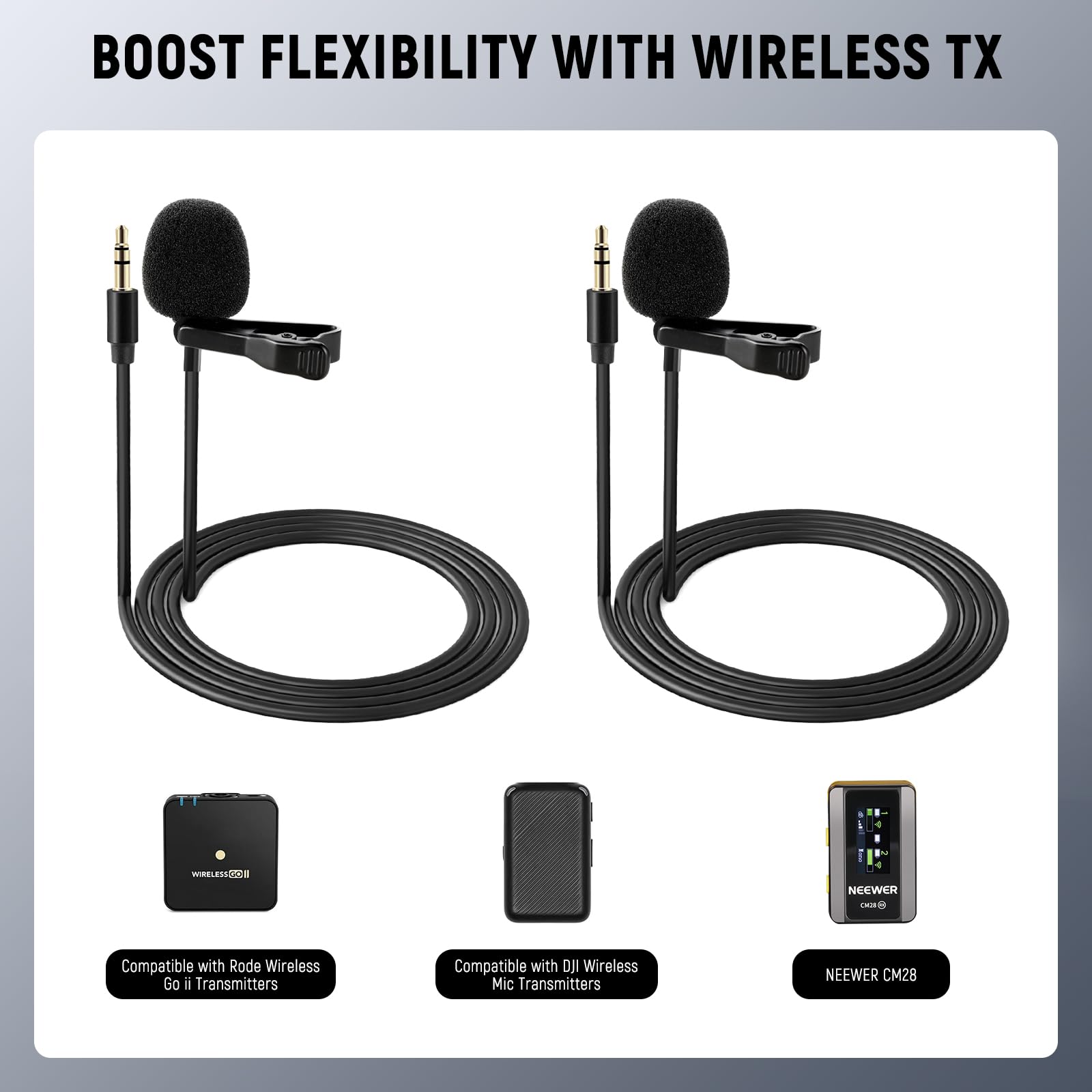 NEEWER 2 Pack Lavalier Lapel Microphone Compatible with DJI Wireless Mic Transmitters Rode Wireless GO II 2, Omnidirectional Condenser Wired Clip On Lav Mics for Stage YouTube Live Streaming, CM5