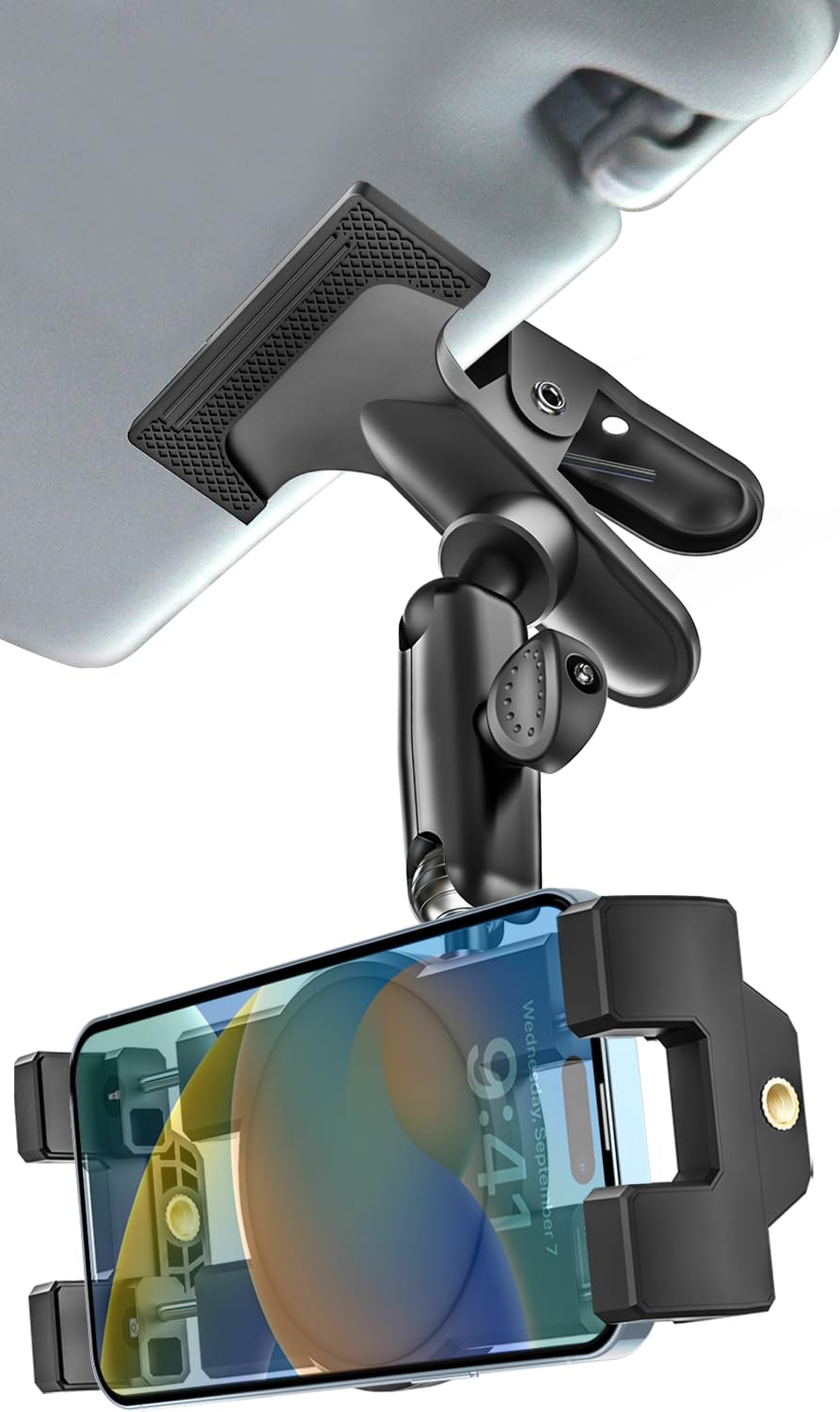 Photo 1 of Metal Sun Visor Car Phone Holder, 360 Degree Rotation Multifunctional Phone Holder for Car Visor Clamp, Upgraded Magic Arm More Stable for Your Car Mount for iPhone 16 15 14 13 12 Android Smartphones