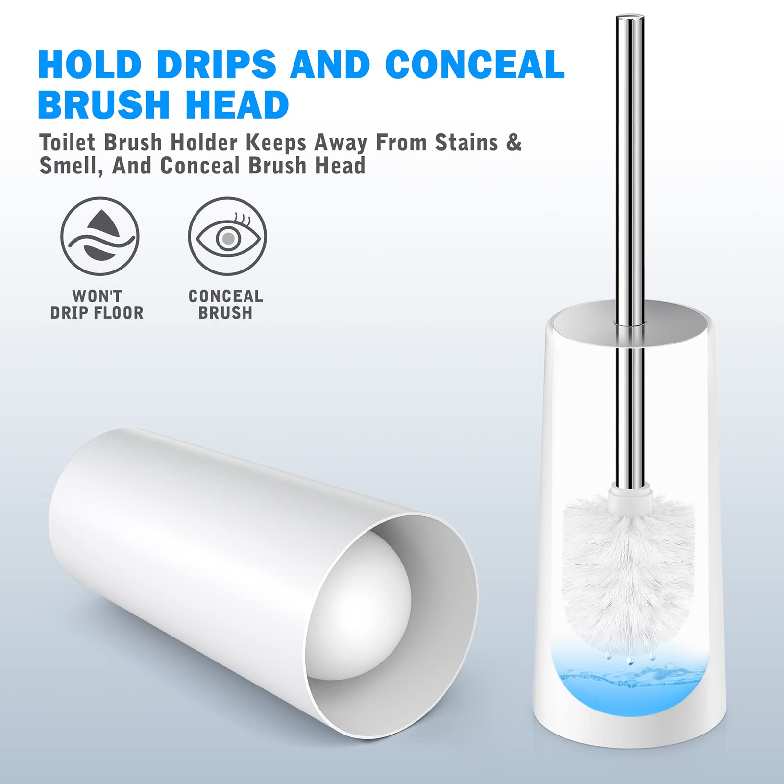 Toilet Brush and Holder, 2 Pack Toilet Brush with 304 Stainless Steel Long Handle, Toilet Bowl Brush for Bathroom Toilet-Ergonomic, Elegant,Durable (White)