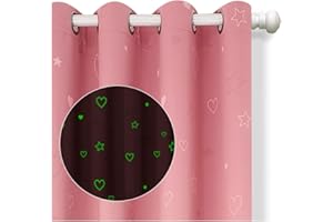 Muwago Pink Heart Curtains for Girls Bedroom – Kids Curtains with Glow in The Dark Heart Pattern – Blackout Thermal Insulated Noise Reducing – Set of 2
