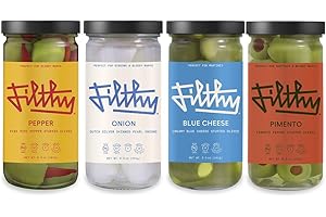 Filthy Food Martini Variety Pack - Blue Cheese, Pimento, Onion, Pepper - Premium Martini Garnish - Non-GMO & Gluten Free - 8oz Jar, 4 Count