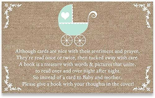 Burlap, Carriage, Bring A Book Inserts, Baby Shower, Buggy, Vintage, Mint, Green, Neutral, Boys, Girls, Unisex, 24 Book Request Cards, Buggy, Retro, Linen, Canvas, Burlap Carriage Mint