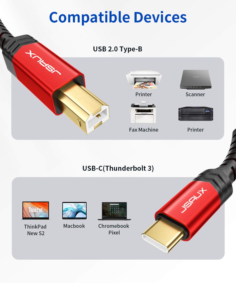 JSAUX USB B to USB C Cable 10ft, USB C Printer Cable Compatible with MacBook Pro, HP, Epson, Canon, Brother, Lexmark, Xerox Printers and Scanner-Red